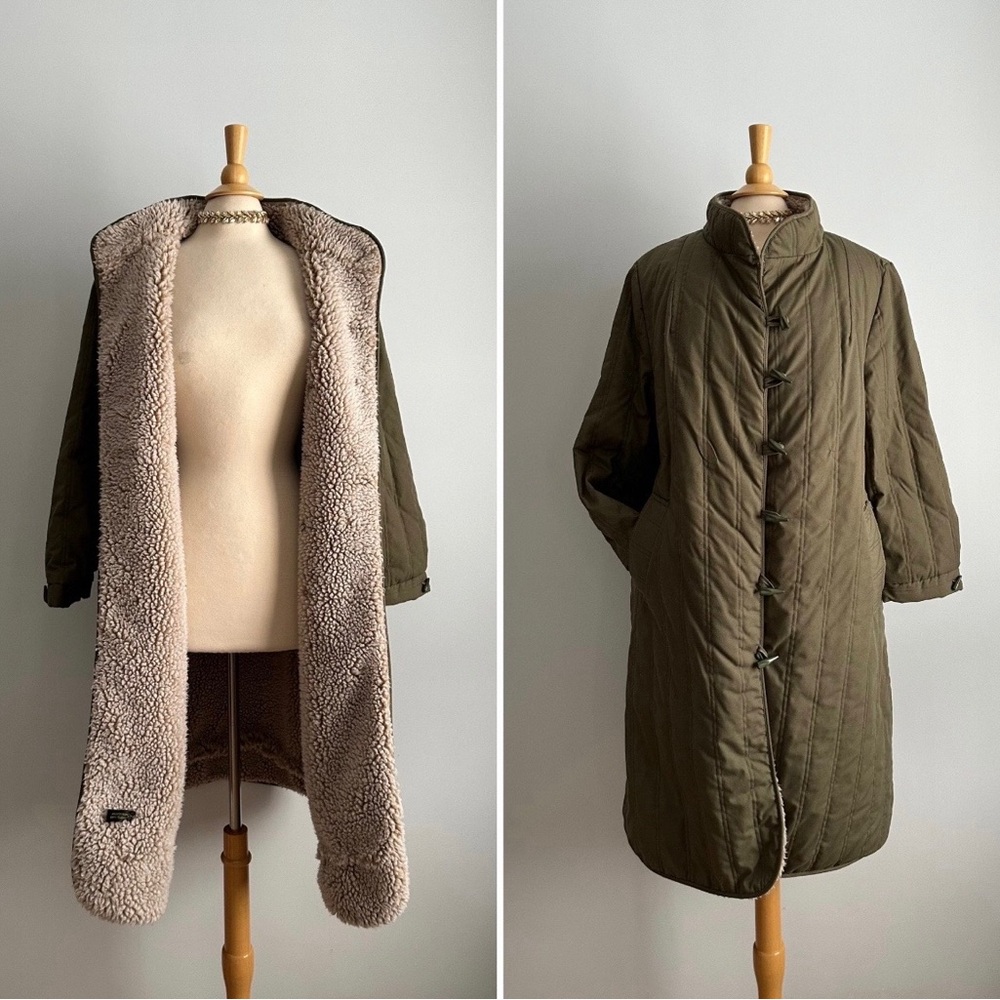 Vintage 1970’s Olive Green Quilted Women's Winer Coat with Faux Sherpa